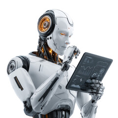 robot holding a tablet computer against, isolated on transparent background