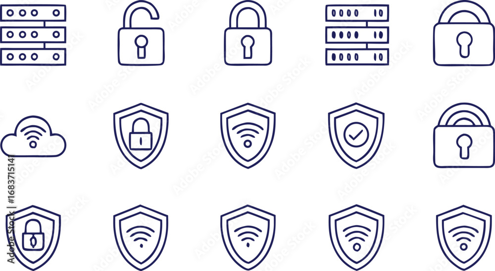 Wall mural a versatile set of thin line icons for technology, illustrating concepts of cybersecurity, data prot