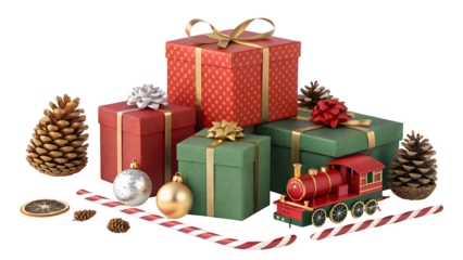 Photorealistic 3 D Render of Festive Christmas Gifts Red Green Boxes Gold Ribbons Pine Cones Ornaments Candy Canes Toy Train Isolated on a Transparent Background