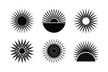 Black and White Abstract Sun Symbols with Varying Radiating Patterns and Sunsets Vector Illustration