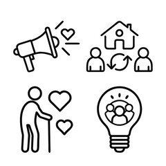 Four distinct line art icons depicting a megaphone with hearts, people and a house, an elderly person with hearts, and a lightbulb with people inside.