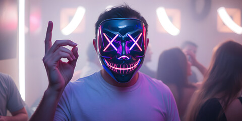 Man with halloween led mask in a party club dancing. Purge film mask