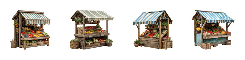 Vibrant farmers market stalls fresh produce aerial PNG set, cut out, isolated on transparent background
