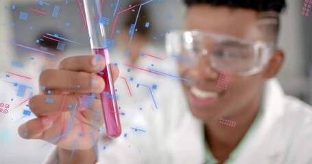 Lab student raising test tube and activating data overlay while analyzing pink solution clarity - Powered by Adobe