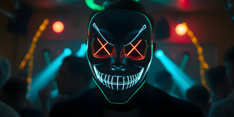 Man with halloween led mask in a party club dancing. Purge film mask