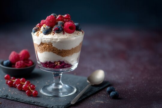Rye Bread Dessert With Cream and Berries Displayed on Dark Plum Backdrop