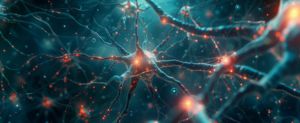 An abstract, close-up visualization of a digital neural network with a web of interconnected glowing neurons