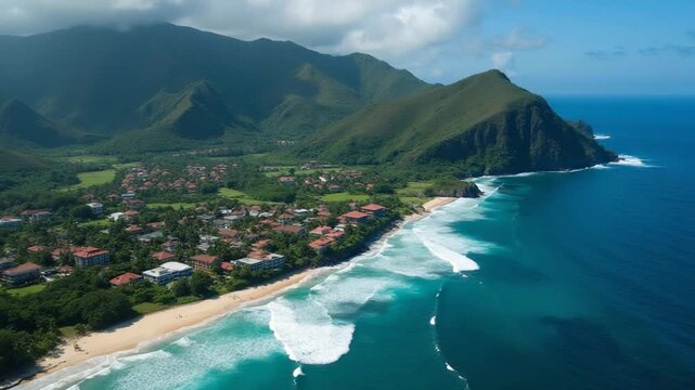 Scenic coastline with resorts and hotels, and breaking ocean waves on Nusa Ceningan, drone view