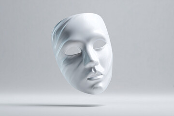 A serene white mask floating in mid-air, a symbol of hidden emotions and mystery. Its smooth surface and closed eyes evoke a sense of tranquility and introspection.