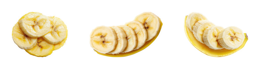 Sliced bananas on white plate food bright kitchen PNG set, cut out, isolated on transparent background