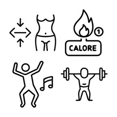 Four simple line art icons depict body shape changes, calorie burning, dancing, and weightlifting, symbolizing fitness and health.