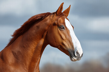 Obraz premium Close-up of a majestic chestnut horse with a white blaze and alert expression. The horse's coat glistens in the sunlight against a soft blue sky