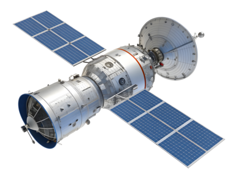 Realistic 3 D Render of a Silver and Blue Modern Communication Satellite with Solar Panels and Parabolic Antenna Against a Black Background isolated on a transparent background