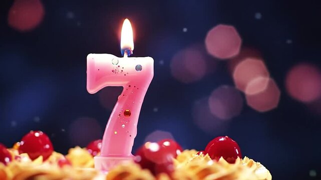 A pink birthday candle shaped like the number seven burns atop a cake decorated with cherries set against a dark background with bokeh lights