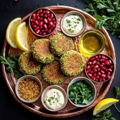 Falafel plate mezze platter with herb-crusted chickpea patties on copper tray surrounded by pomegranate seeds, tahini sauce, olive oil, and fresh herbs