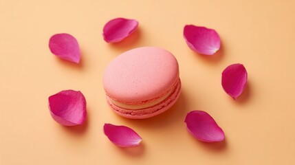 Obraz premium Pink Macaron Surrounded by Rose Petals on Soft Peach Background in Low Resolution