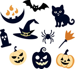 Colorful Halloween Clipart Set – Pumpkins, Bats, Cats, Witch Hat Illustrations