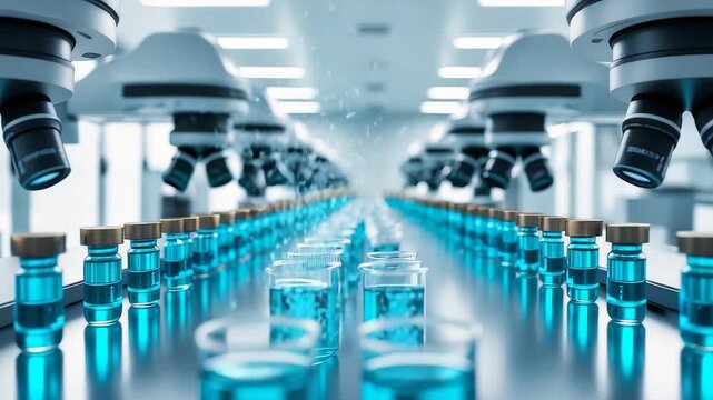 Advanced laboratory interior with microscopes and glass vials filled with blue liquid arranged in precise rows for scientific research