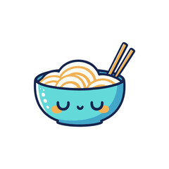 A cheerful bowl of noodles with chopsticks, set against a minimalist white background