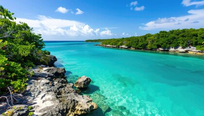 Turquoise bay, rocky shore, lush foliage
