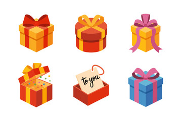 Festive Christmas gift boxes illustration set, holiday present vector graphics, decorative ribbons and bows, cheerful seasonal packaging design, celebration art