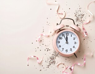 Pastel pink alarm clock with confetti and ribbons.  A delicate, light pink alarm clock sits on a pale beige surface.  Pink ribbons and glitter confetti surround the clock. 