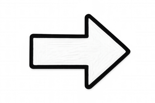 White directional arrow with black border, pointing rightward on transparent backdrop, signaling navigation or progression