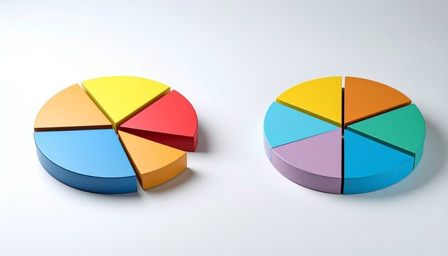 Two colorful 3D pie charts with segmented data and emphasis on one red slice.