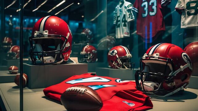 Red football helmets jerseys and ball displayed in sports museum exhibit with team uniforms and memorabilia under dramatic stadium style lighting