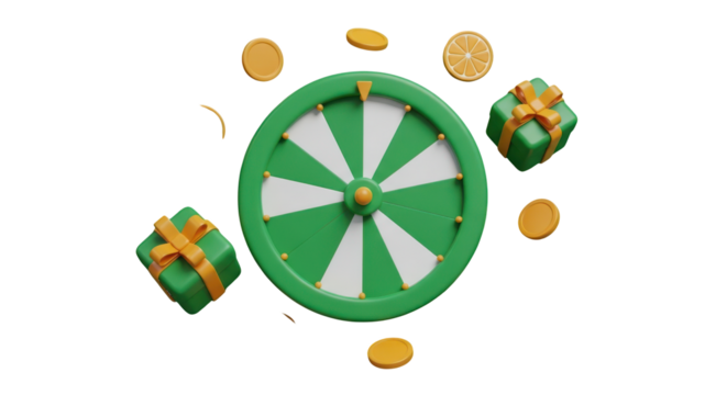 3D Green Wheel of Fortune with Gifts Coins and Orange Slices game gambling isolated on a transparent background