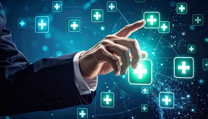 Business professional interacting with glowing digital healthcare icons in futuristic interface