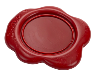 A red wax seal with a detailed stamp, a classic object for formal documents, isolated on a white background.