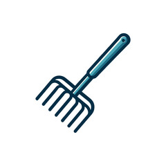 A vibrant garden rake with a blue handle, positioned on a white background, ideal for gardening use