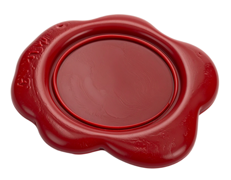 A red wax seal with a detailed stamp, a classic object for formal documents, isolated on a white background.