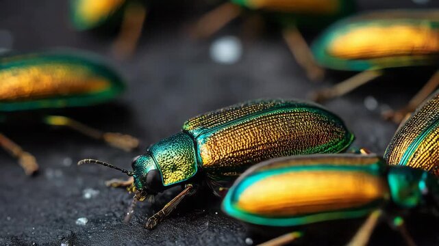 Close-up of colorful beetles with green and gold shells on surface  