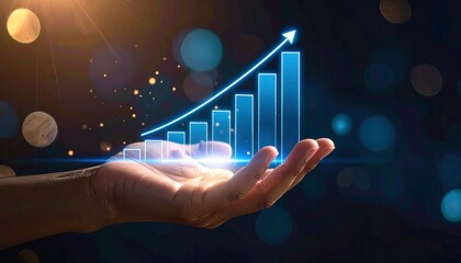 Hand presenting glowing bar chart with upward arrow on dark tech background.