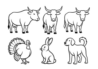 Illustrations of three cows, a turkey, a rabbit, and a dog in a row on a white canvas view