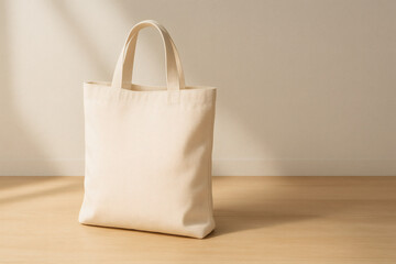 Minimalistic shopping bag mockup for branding in soft light on wooden floor copy space