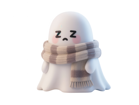 Sleepy Cartoon Ghost with Scarf Isolated on White - Halloween
