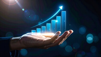 Hand presenting glowing bar chart with upward arrow on dark tech background.