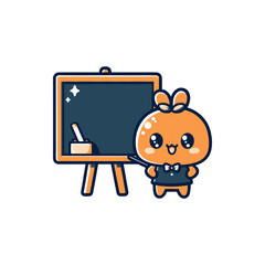 Cartoon character with a bowtie presenting a blank chalkboard in a cheerful classroom setting