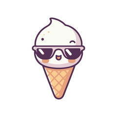 Cartoon ice cream cone character wearing sunglasses, smiling cheerfully in a bright background