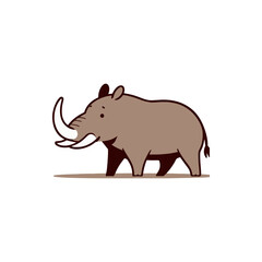 Cartoon illustration of a walking mammoth in a simple landscape setting