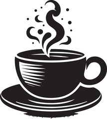A Classic Black and White Illustration of a Steaming Cup of Coffee on a Saucer