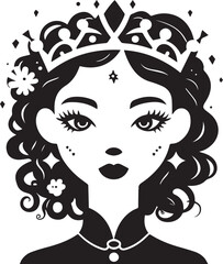 Elegant princess portrait wearing crown, earrings, necklace, and curls on white background