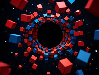 Abstract Tunnel of Red and Blue Cubes on a Dark Background