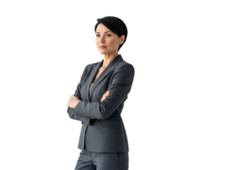 Professional woman, late 30s, jet-black hair, charcoal gray pantsuit, arms folded, confident gaze, on transparent background with copy space, high-key studio portrait, concept of corporate leadership