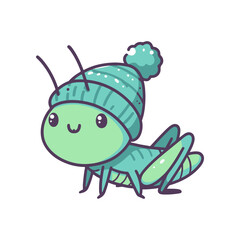 Cartoon-style green cricket wearing a cozy knitted hat, smiling happily on a white background