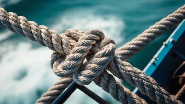 Close-up of a rope knot tied securely on a ship with ocean waves in the background