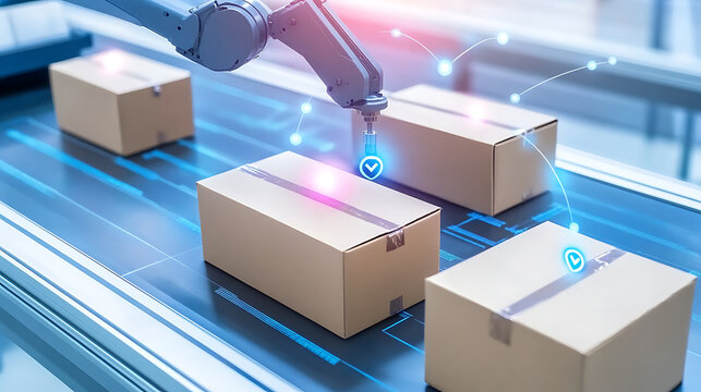 Automated Robotic Arm Scanning Packages on Conveyor Belt